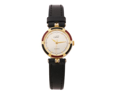 the signed silver dial with roundel markers and paste set quarters, the gilt case with red and black enamel decorated bezel, 