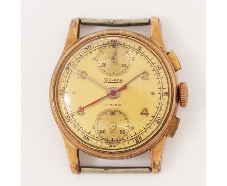 the signed gilt dial with Arabic and dot markers, outer seconds track, subsidiary seconds and minutes dials, central red seco