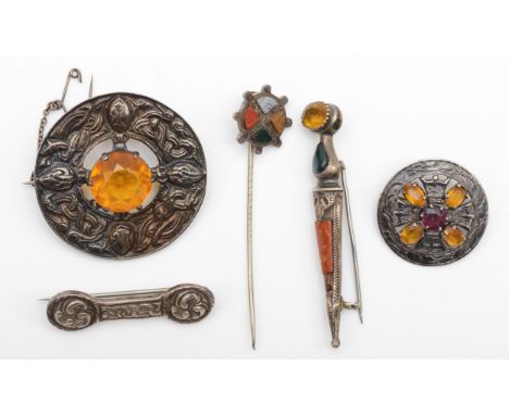 A Scottish silver brooch set with citrine, 41mm, Glasgow 1955, Robert Allison, with another Robert Allison example, two other