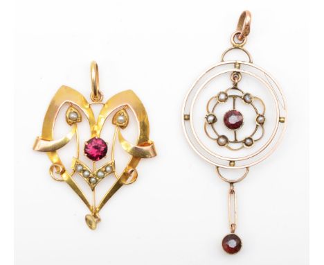 Two Edwardian 9ct gold garnet and seed pearl open work pendants, 50 x 20 mm, 33 x 25mm, 3.3gm. 