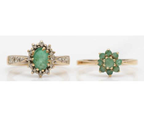 A 9ct gold emerald and melee diamond cluster ring, L, together with another 9ct gold and emerald cluster ring, O-P, combined 