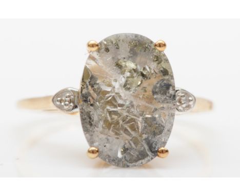 A 9ct pyrite quartz and diamond cocktail ring, S, 3.3gm. 