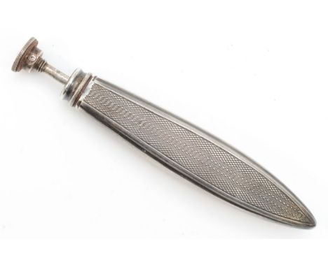An Art Deco unmarked silver atomizer with engine turned decoration, 9.5cm, 41gm. 