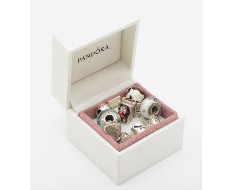 Pandora, ten silver charms to include a Christmas sled example, 32gm. 