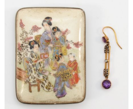 A Japanese silver belt buckle with satsuma panel depicting geisha in a courtyard, 5.5 x 4cm, together with a single Edwardian