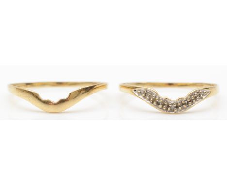 Two 9ct gold wedding bands, R, one set with melee diamonds, 2.1gm. 