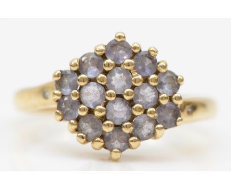 A 9ct gold tanzanite cluster ring, N-O, 2.9gm. 