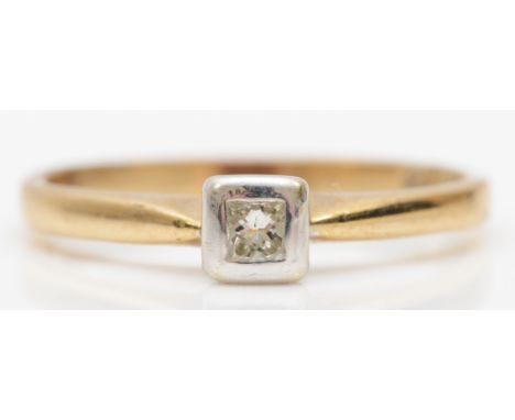 A 9ct gold square cut diamond collet set ring, N, 1.9gm, stamped DIA .10. 