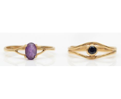 A 9ct gold amethyst ring, M-N, together with a 9ct gold sapphire ring, K, 2.1gm. 