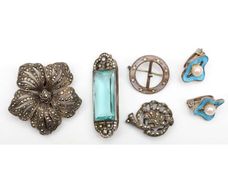 A pair of unmarked silver Scandinavian enamel and pearl ear clips, 17mm, A silver Charles Horner brooch, Chester 1912, and th