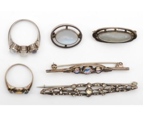 A group of silver jewellery to include moonstone rings, R, N, two paste brooches and two moonstone brooches, 24gm. 