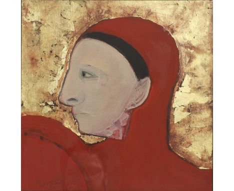 Selina Trieff (American, 1934-2015)Portrait of a woman in redsigned and dated 'Trieff 99' l.l., oil and gold leaf on canvas b
