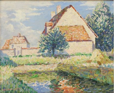 ▴ Norman Lloyd (Australian-British, 1894-1983)View of a cottage by a pondsigned 'NORMAN LLOYD' l.l., oil on board33 x 41cmCon