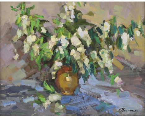 Vyacheslav Pereta (Ukrainian, b.1977)'White Lilac'signed in Cyrillic l.r., further inscribed in Cyrillic and dated '2003' ver