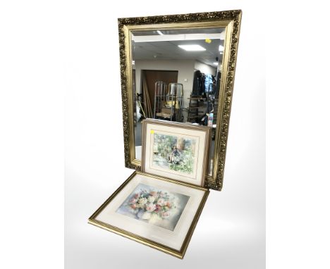 A gilt framed bevelled mirror, 60 cm x 80 cm together with a Penny Ward still life colour print and a further Gordon King pri