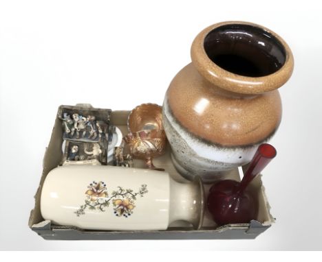 A box containing a large pottery vase, carnival glass, ceramic Will Young pottery figures, West German pottery, etc.