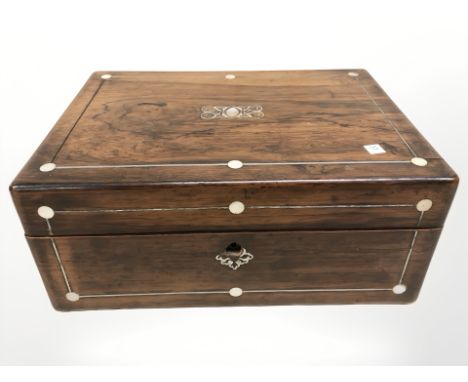 A Victorian rosewood mother of pearl inlaid work box, width 30 cm. CONDITION REPORT: Missing interior.