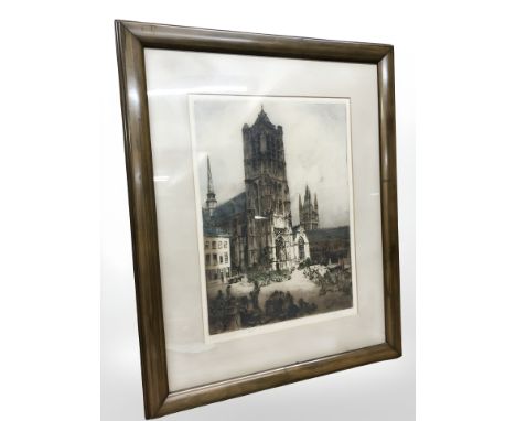 S Finnemore : St. Martin's Cathedral, Yypres, hand coloured etching, signed in pencil, 50 cm x 36 cm 