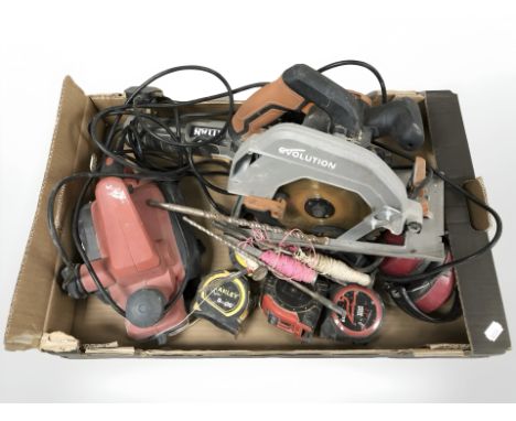 An Evolution circular saw, Titan angle grinder, a planer, tape measures, ear defenders, drill bits.