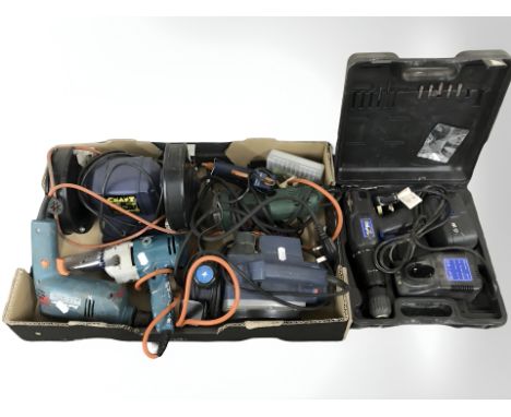 A group of tools including planer, drills, bench grinder, etc.