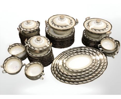 Noritake : Fifty seven pieces of gilt-rimmed dinner ware with  dinner ware, finished in cream, white and black,  with scrolli