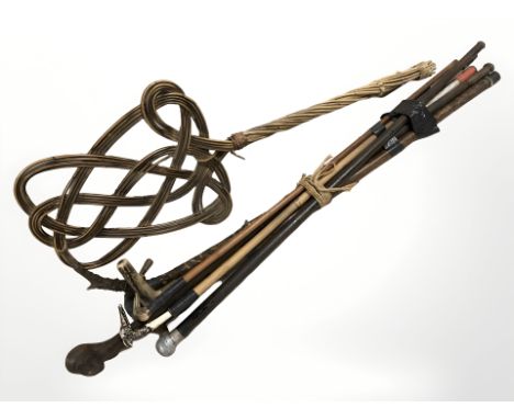 A group of sticks, walking sticks, swagger stick, carpet beater, etc.