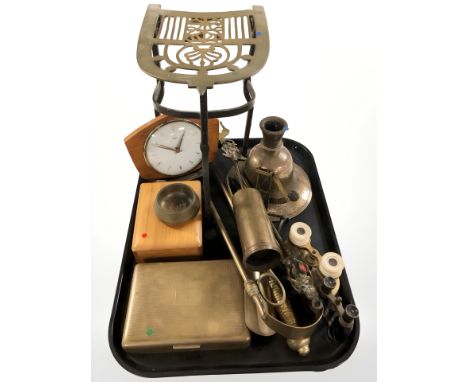 A group of metal wares and brass, a Metamec mantel clock, binoculars, key rings, etc. 