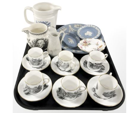 A set of six Royal Chelsea 'The Vagrant' gilded coffee cans and saucers, together with Wedgwood blue and white jasperware pla