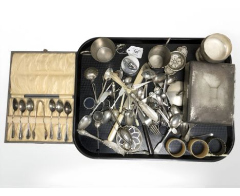 A group of antique and later silver plated items including cutlery, a Rolstar lighter, napkin rings, a cigar box, a tea strai