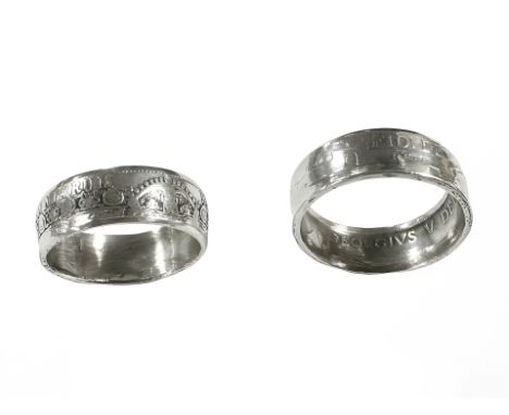 Two silver rings frormed fron a half crown coin and a florin coin.  (2) 