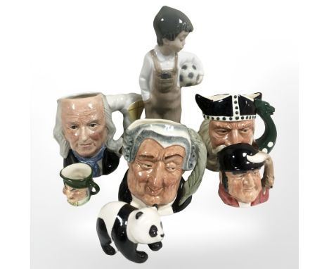 A Nao figure of a child holding a football together with Royal Doulton miniature character jugs including Benjamin Franklin, 