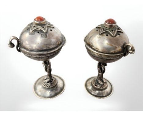 A pair of late 19th century Russian Judaica silver Besamim spice towers, height 7.5 cm. CONDITION REPORT: 78.4g.