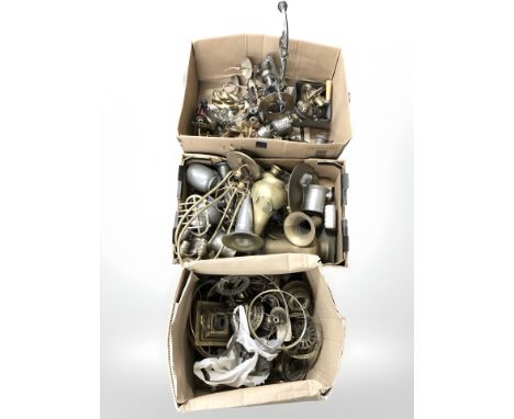 Three boxes of copper, brass, metal ware, light fitting components, etc.