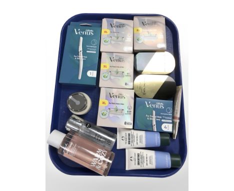 A group of new retail stock items including face care and skin care items, Gillette Venus hair removal tools, razor blades, M
