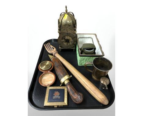 A continental brass lantern clock, together with wooden back scratcher, Indian dagger, a Swiza bedroom clock, etc.