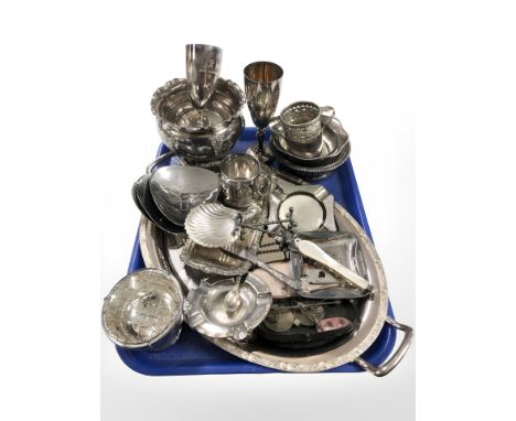 A group of silver plated items, antique sovereign scales in case, a cigar cutter, plated wares, three Keswick Firth Staybrite