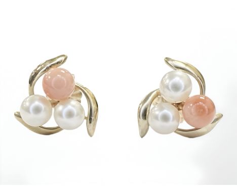 A pair of 14ct yellow gold pearl and coral cluster earrings.