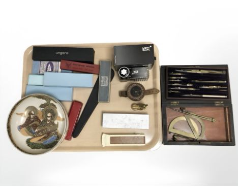 An antique draughtsman's case, together with a Bakelite compass, Mont Blanc oyster grey writing ink, an Ungaro pen, souvenir 