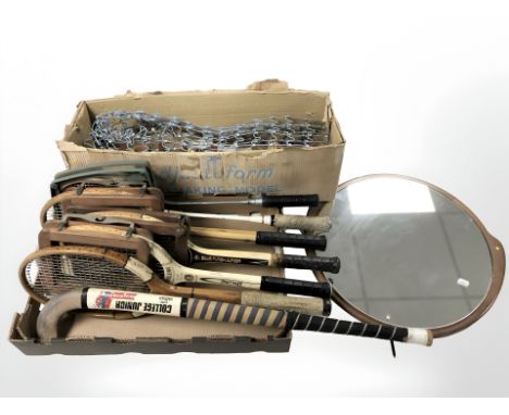 A group of mid 20th century tennis rackets, hockey stick, teak framed mirror, wire work mannequin etc 