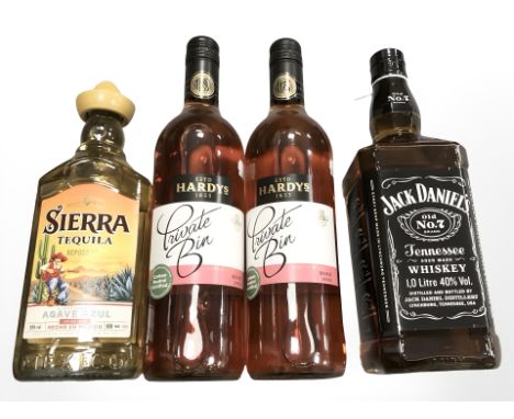 Four bottles of alcohol to include Jack Daniels Old No.7 whiskey 1 litre, Sierra Tequila 500ml and two bottles of Hardy's Ros