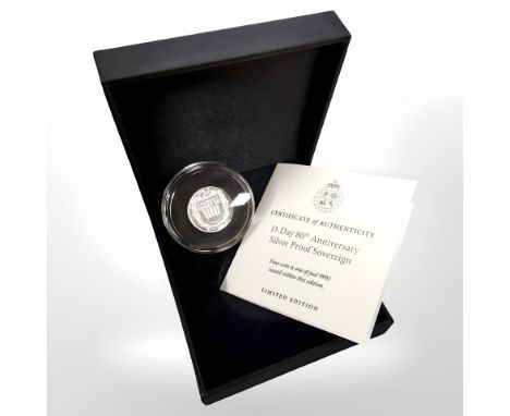 A limited edition silver proof Sovereign commemorating D-Day 80th anniversary, 7.98g pure silver, cased with certificate of a