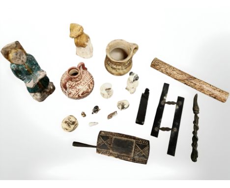 An interesting group of collectables including antique Chinese Tang pottery figures, carvings, Islamic pot, antique carved Af