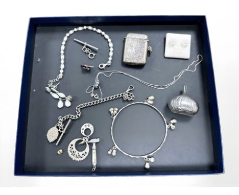 A group of silver and white metal jewellery to include opal effect bracelet and matchings earrings, vesta case, chain with T-