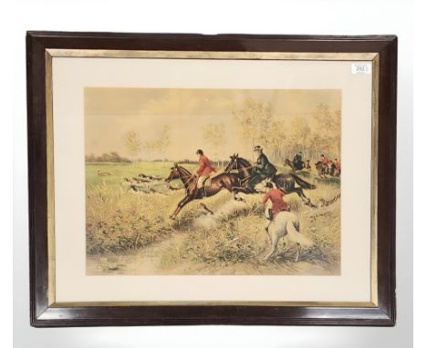 Twentieth Century English School : Full Cry (Hunting Scene), chromolithograph, 38 cm x 51 cm, together with the companion pie