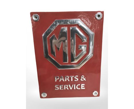 A red MG parts sign. 