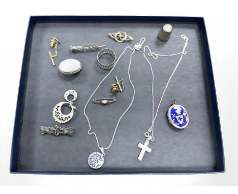 A group of jewellery to include silver and white jewellery, millefiori pendant on chain, antique bar brooch, yellow metal stu