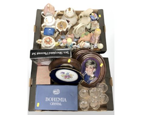 Seven boxes containing ornamental teapots, decorative china, ceramic ornaments, glass, Bohemia crystal, etc.