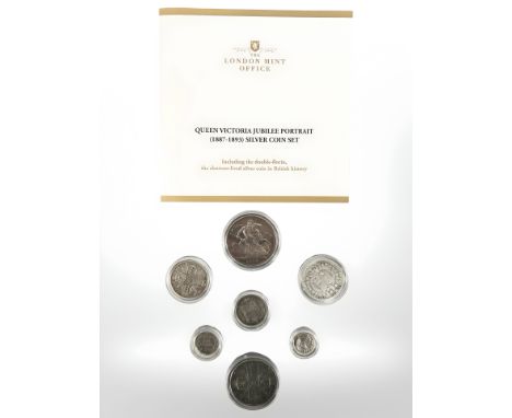A London Mint Office Queen Victoria Jubilee Portrait (1887-1893) silver coin set, comprising of Crown, Double Florin, Half Cr