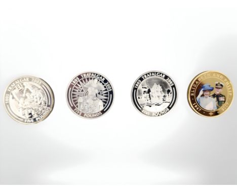 Three Queen Elizabeth II Gibraltar 2005 silver Trafalgar five pound coins, together with a 2007 Cook Islands 1 dollar commemo