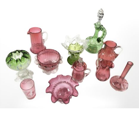 A tray of 19th century coloured glass, Mary Gregory beaker, ruby tinted glass, etc.